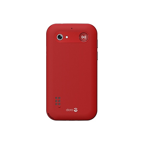 Rotes Mobiltelefon, Kamera und Wifi-Symbol, darunter das doro-Logo. Mit Textur