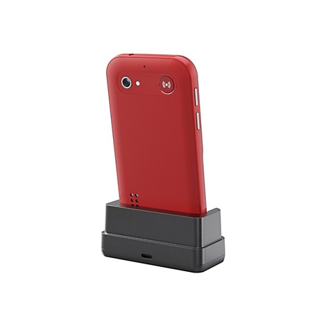 Rotes Mobiltelefon in Ladestation, Detailansicht. Telefon mit Kamera, Lautsprecher, Ladeanschluss.