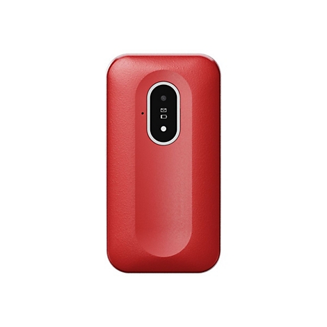 Rotes Mobiltelefon, längliche Form, abgerundete Ecken, Kamera, Nachrichten- und Batterie-Symbol.