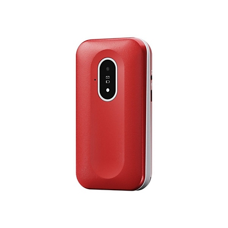 Rotes, rechteckiges Mobiltelefon mit abgerundeten Kanten, einer Kamera und einem Bildschirm mit Symbolen.