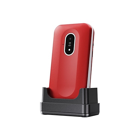 Téléphone portable rouge dans une station de charge. Le téléphone a une bordure blanche et un ovale avec des symboles.