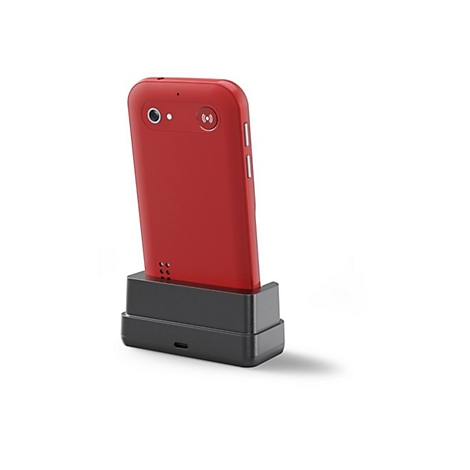 Smartphone rouge dans une station de charge noire. L'arrière montre une caméra et un logo.