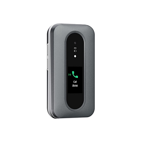 Téléphone gris, écran avec icône de téléphone verte et texte "Call Anne".