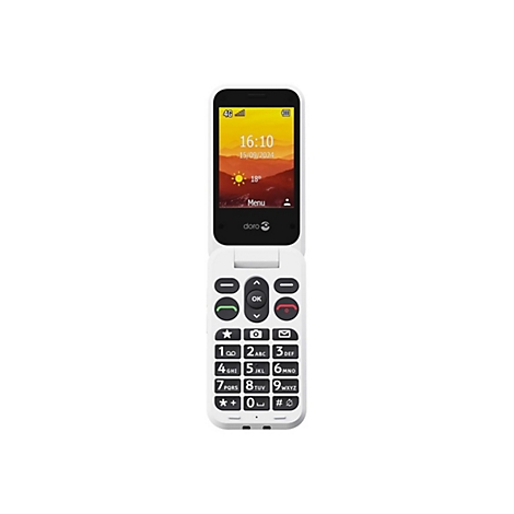 Téléphone à clapet blanc, ouvert, affichant l'heure et la date. En dessous, des boutons avec des chiffres et des symboles.