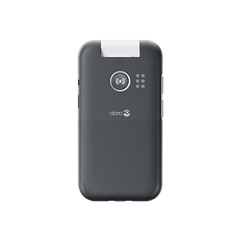 Téléphone portable Doro gris foncé avec une section blanche en haut. Bouton rond avec un symbole d'onde radio, rangée de boutons rectangulaires, logo Doro.
