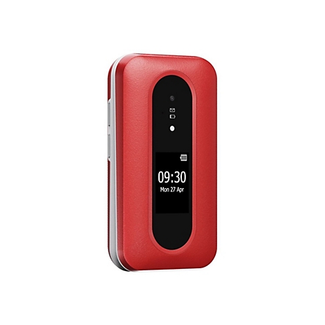 Appareil mobile rectangulaire rouge avec écran. L'écran affiche l'heure 09:30 et la date lundi 27 avril.