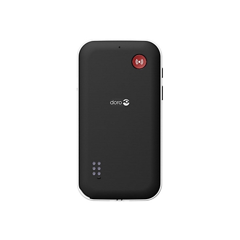 Rückseite eines schwarzen Smartphones mit weißem Rand. Oben rechts roter Knopf mit Signal-Symbol, doro Logo.