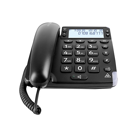 Schwarzes Doro-Seniorentelefon mit großen Tasten, Display und Hörer auf weißem Hintergrund.