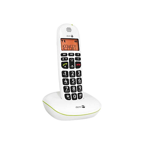 Weißes, ergonomisches Seniorenhandy von Doro in der Ladestation mit großem Display und deutlichen Tasten.