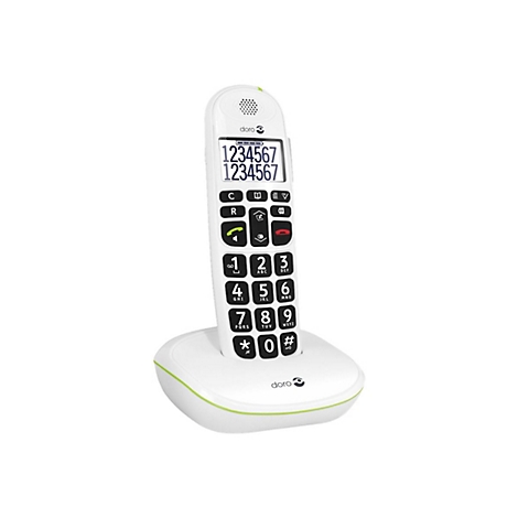 Téléphone fixe blanc avec gros boutons et écran affichant des chiffres. Logo Doro en bas.