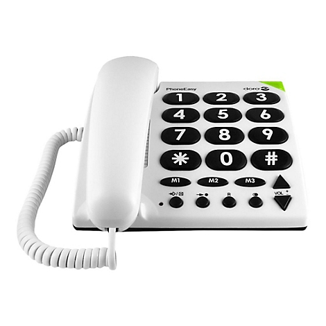 Festnetztelefon in Weiß mit großen Tasten und klarer Beschriftung.