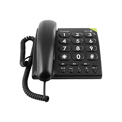 Schwarzes Doro Telefon mit großen Tasten und Hörer auf weißem Hintergrund.