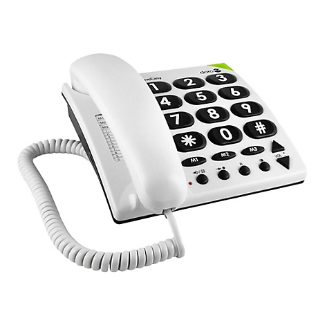 Weißes Festnetztelefon mit großen Tasten und Schnur. Auf den Tasten stehen Zahlen, Sternchen und die Raute.