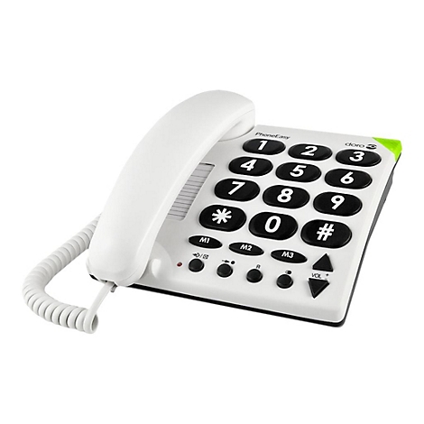 Weißes Festnetztelefon mit großen Tasten und Telefonhörer. Es trägt das Logo "PhoneEasy".