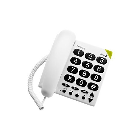 Téléphone blanc avec de gros boutons. Le clavier indique PhoneEasy et les chiffres 0-9, * et #.