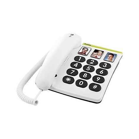 Weißes Festnetztelefon mit großen Tasten und Fotos. Oben links das "PhoneEasy" Logo.