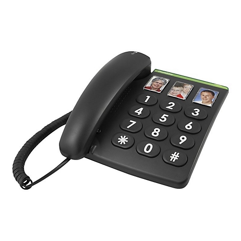 Schwarzes Seniorentelefon mit großen Tasten und drei Foto-Kurzwahltasten auf weißem Hintergrund.
