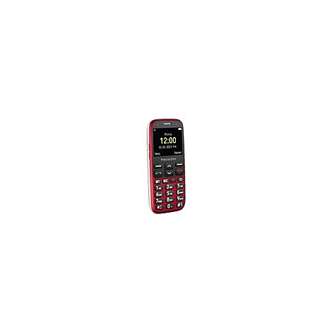Ein rotes Mobiltelefon fÃ¼r Senioren mit groÃŸem Display. Uhrzeit 12:00 Uhr und Datum 01.03.2023.