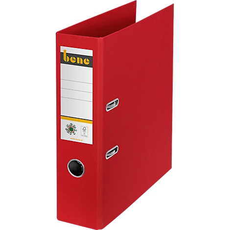 Classeur rouge avec étiquette blanche, marque 'bene'.