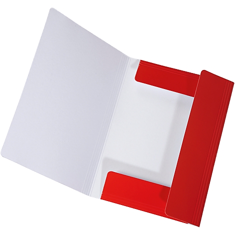 Dossier rouge ouvert, avec des pages intérieures blanches.