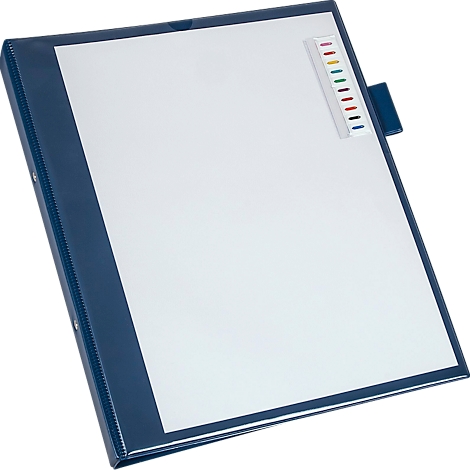 Classeur bleu avec papier blanc et marqueurs colorés.