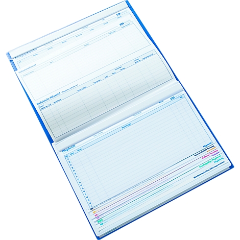 Classeur bleu, ouvert. Les pages sont structurées avec des tableaux et des lignes. Lettrage en bleu, noir et couleur.