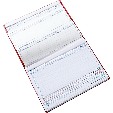 Cahier rouge ouvert avec des pages lignées et du texte en allemand. Un onglet divise les pages.