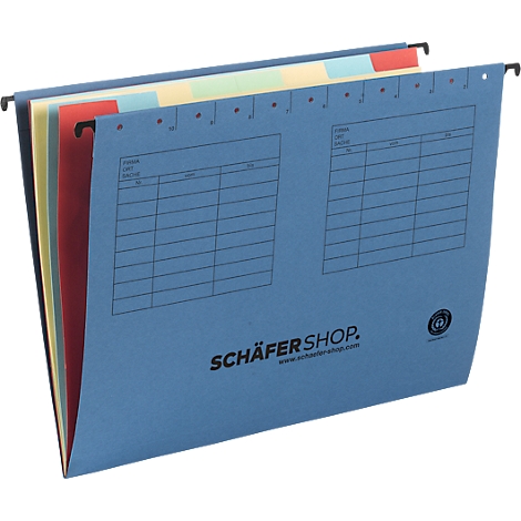 Classeur suspendu bleu avec onglets colorés. Le classeur a un tableau pour les entrées et le logo Schäfer Shop.