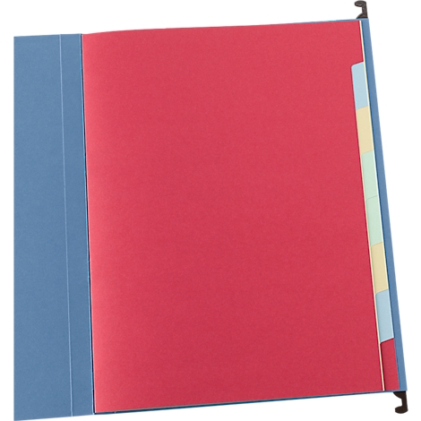 Classeur bleu avec papier rouge et onglets colorés.