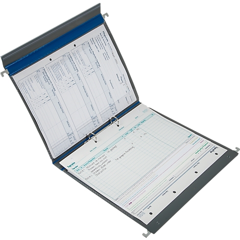 Classeur gris avec bord bleu, ouvert avec des papiers étiquetés.