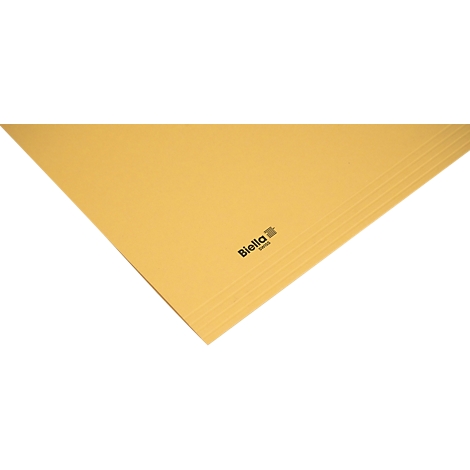 Chemise en papier brun clair, légèrement inclinée, avec logo. Bords pliés, fond blanc.