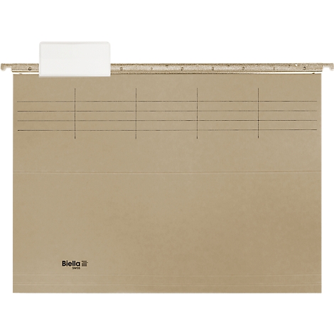 Chemise suspendue beige avec étiquette blanche, lignes noires. Marque : Biella.