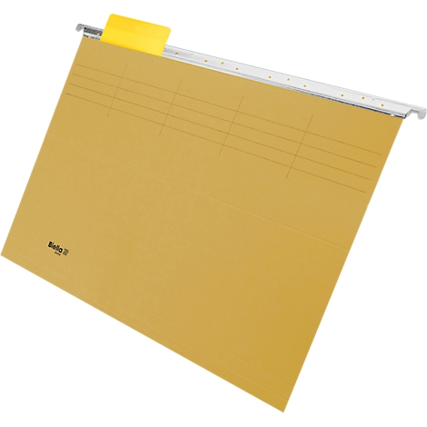 Dossier suspendu jaune avec onglet jaune et lignes noires. Suspension métallique. Sur la couverture du dossier, on lit 'Böke 2'.