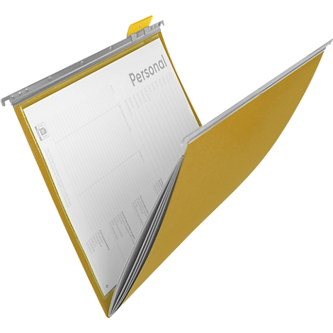 Classeur suspendu jaune, ouvert avec le mot "Personnel" sur la couverture.