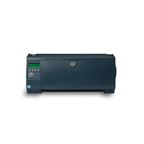 Dark blue printer with green display and buttons against a white background.