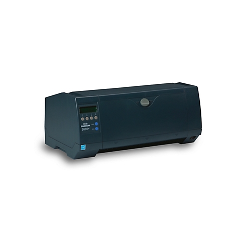 Dark blue printer with control panel and display, against a white background.