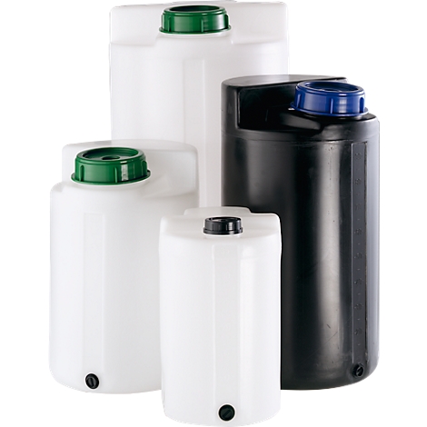 Several differently sized plastic containers, white and black, with green or black lids, stand side by side.