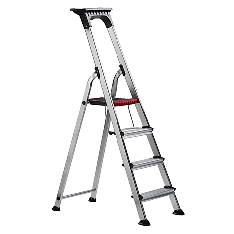 Silver, three-step stepladder on white background. Top has a black handle, red safety bars, and black footrests.