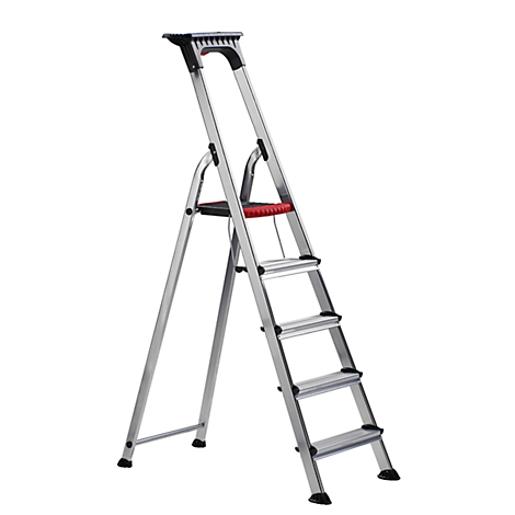 A silver step ladder stands upright. It has four steps, a red platform, and a black handle.