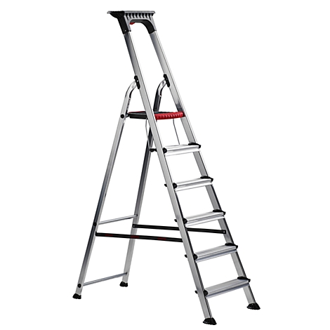 A grey aluminum ladder with red and black accents stands isolated on a white background. It has 6 steps and a holder.