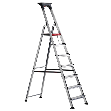 Grey, metallic stepladder with black treads and upper handle. A red reinforcement is visible.