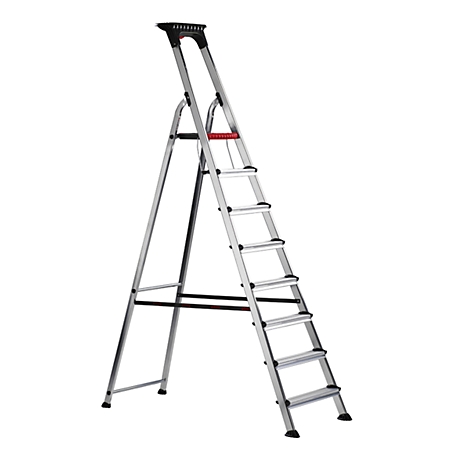 A silver step ladder against a white background. It has 8 steps and a red handle.