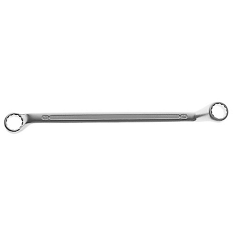 A metal box wrench lies horizontally against a white background. It has a round head with toothed inner surfaces at both ends.