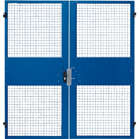 Blue double door with wire mesh and safety lock.