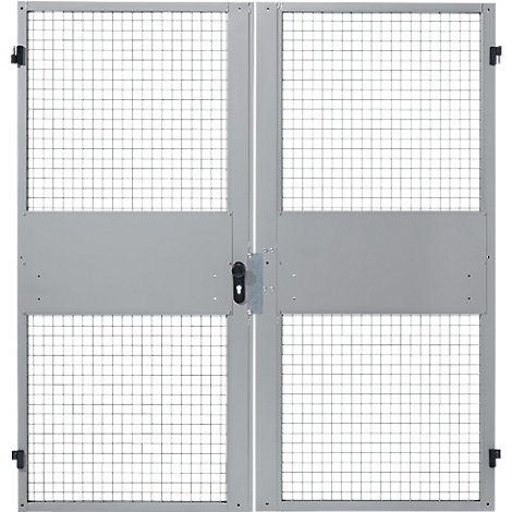 Grey metal gates with wire mesh, latch and hinges. Closed double door, industrial style.
