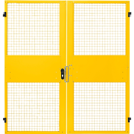 Yellow metal mesh doors with black hinges and handle. The doors are closed.