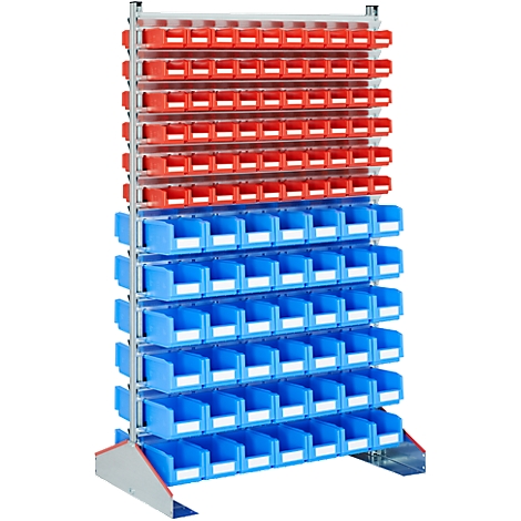 Shelf with red and blue containers for storage.