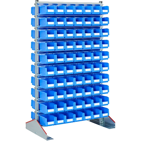 Blue storage bins in a metal rack, ideal for organization.