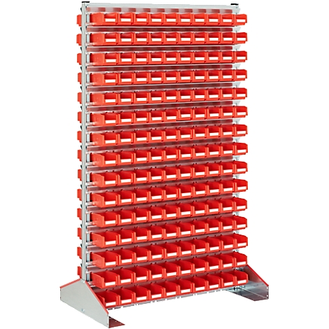A red rack with many small containers. It stands on a gray frame. The containers are arranged in rows.