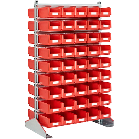 A red storage rack filled with numerous red storage bins. The bins are arranged in multiple rows and have white labels.